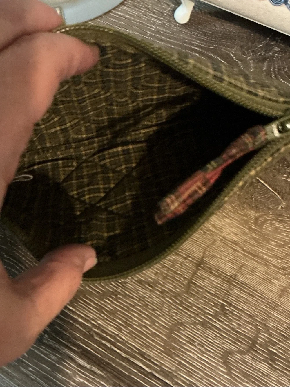 Bella Taylor Victorian Heart Olive Plaid Cosmetic Pouch Bag 7” x 4” x 1.25” EUC